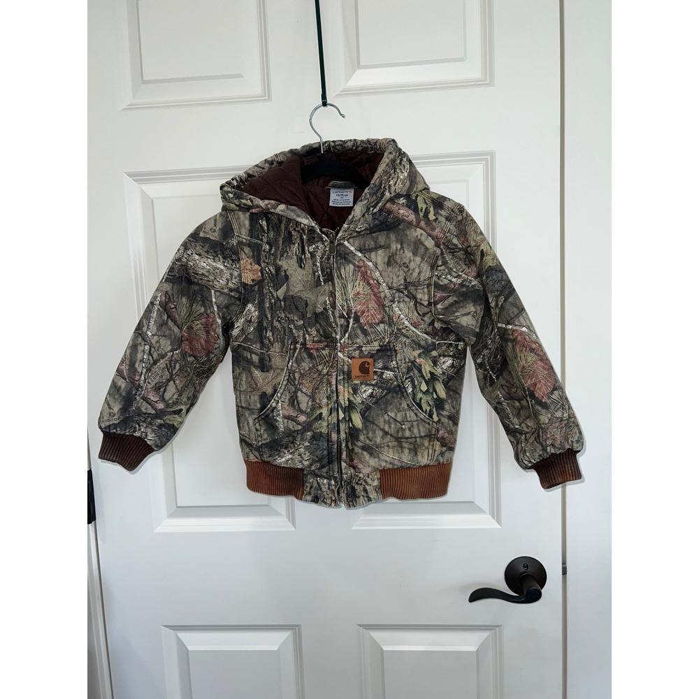 Carhartt Boys Mossy Oak Camo Hooded Duck Canvas Quilted Lined Jacket Size XS 6 - Picture 1 of 7